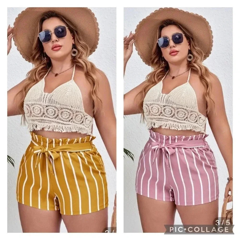 Shein Striped Paperbag Waist Belted Shorts Lot 2-Pack Yellow Pink Large
